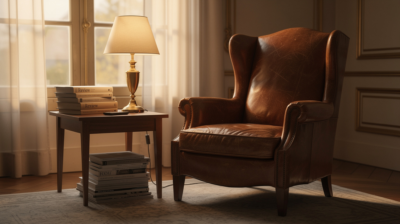 Elegant reading room with an armchair, stacked magazines and warm afternoon light